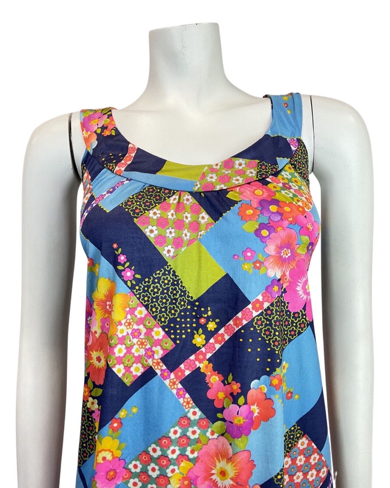 VINTAGE 60s 70s BLUE PINK YELLOW PATCHWORK FLORAL MOD TENT A-LINE DRESS 16 18