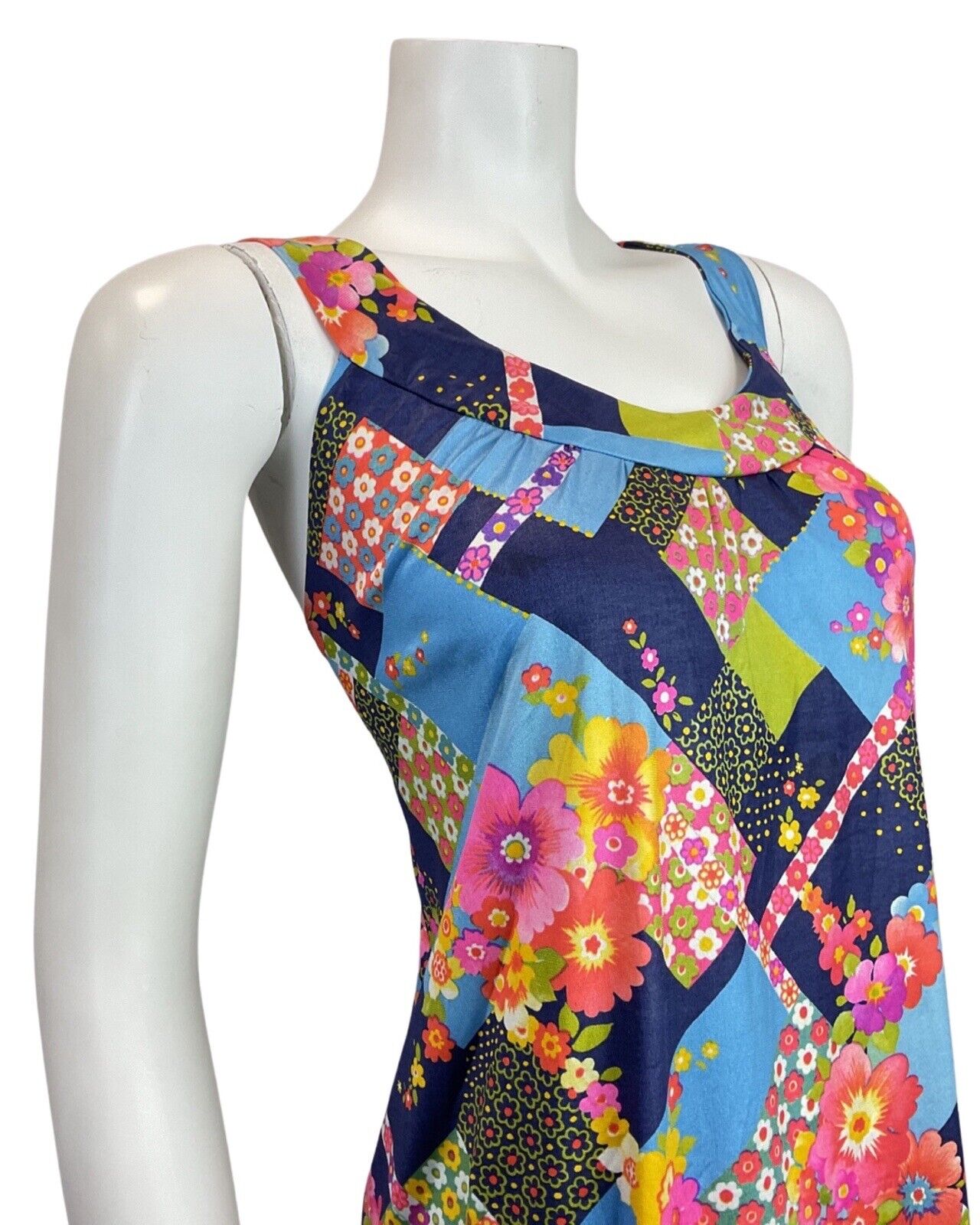 VINTAGE 60s 70s BLUE PINK YELLOW PATCHWORK FLORAL MOD TENT A-LINE DRESS 16 18