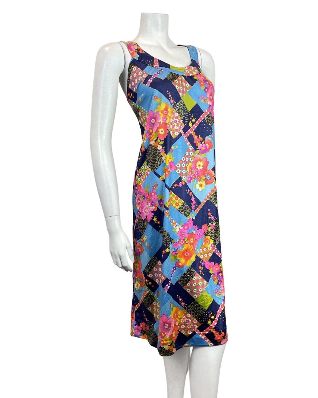 VINTAGE 60s 70s BLUE PINK YELLOW PATCHWORK FLORAL MOD TENT A-LINE DRESS 16 18