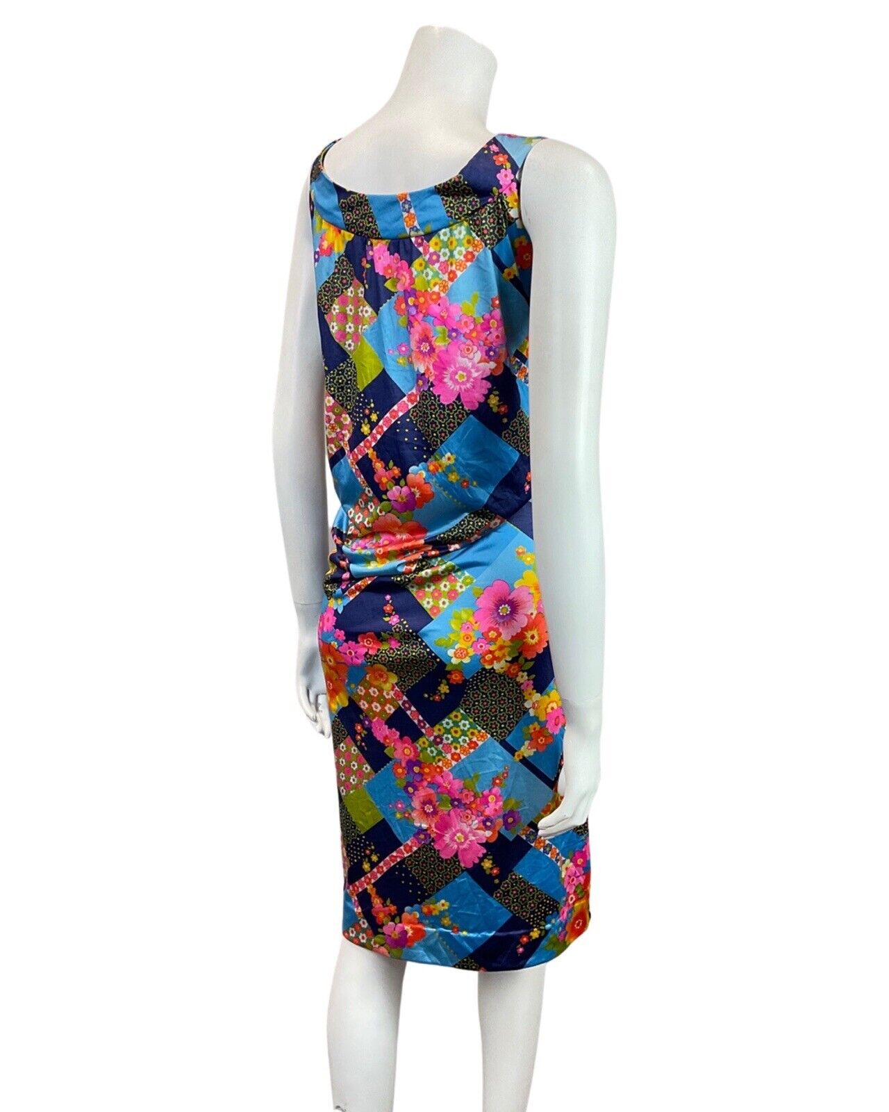 VINTAGE 60s 70s BLUE PINK YELLOW PATCHWORK FLORAL MOD TENT A-LINE DRESS 16 18