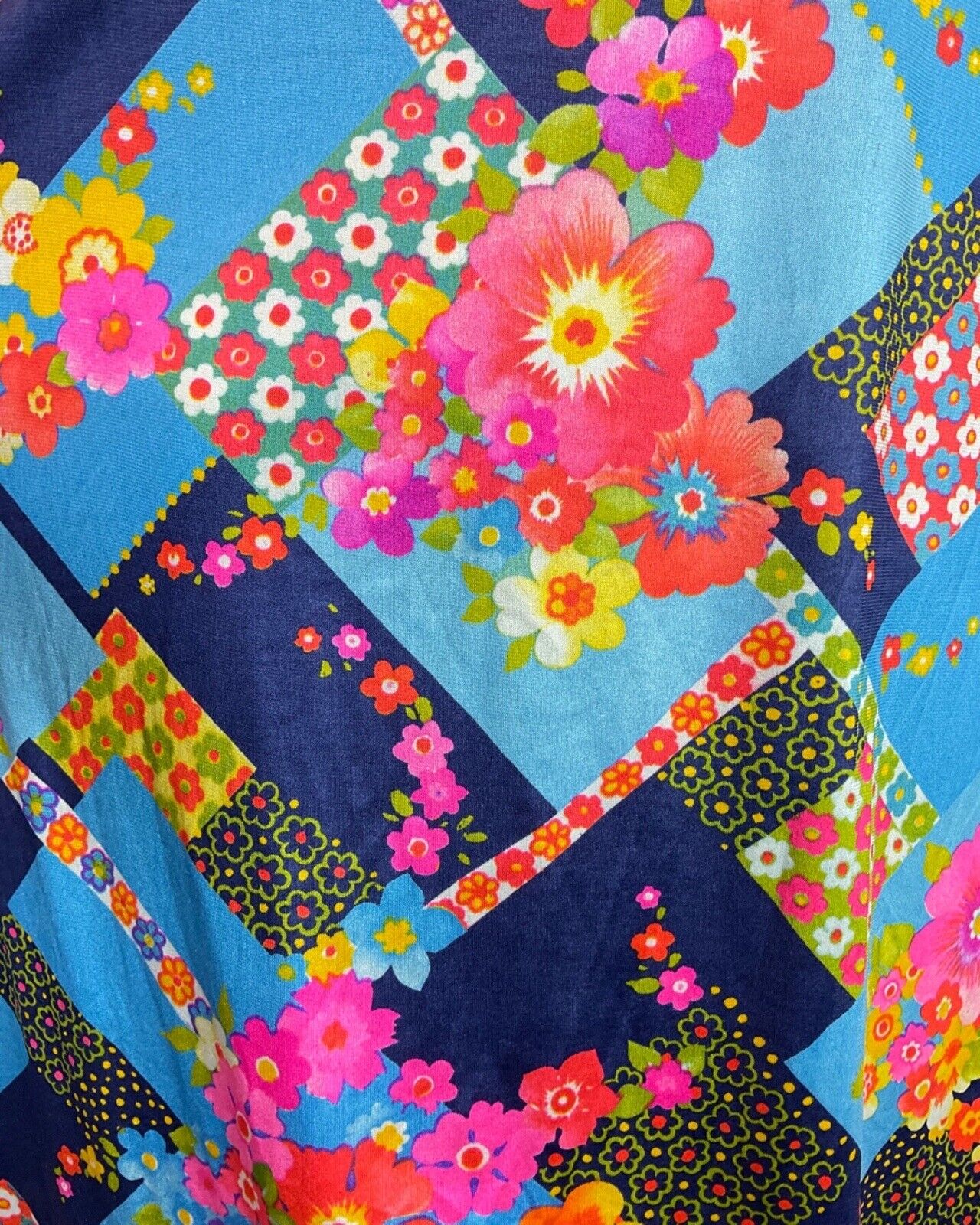 VINTAGE 60s 70s BLUE PINK YELLOW PATCHWORK FLORAL MOD TENT A-LINE DRESS 16 18