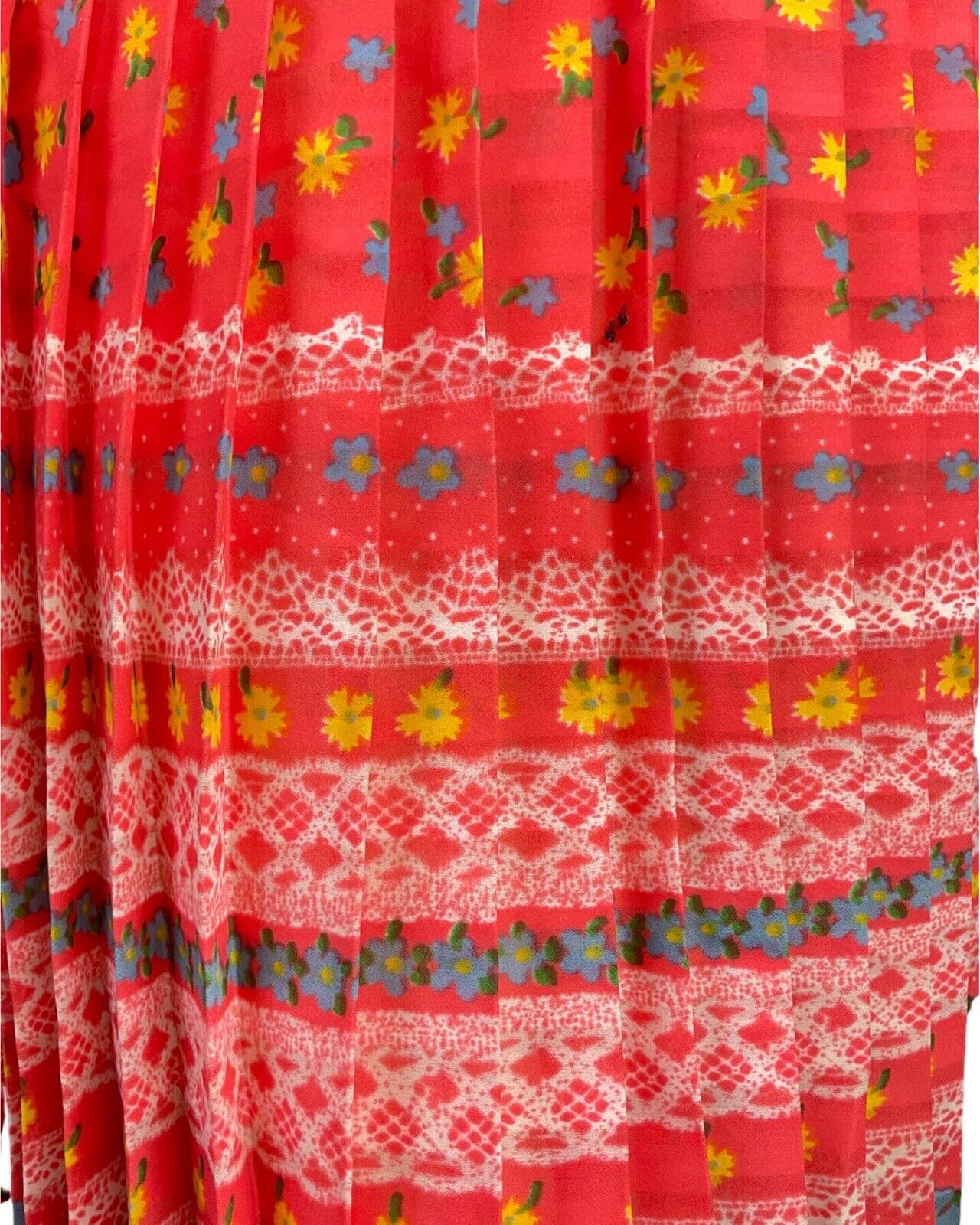 VINTAGE 60s 70s ORANGE YELLOW GREEN DAISY FLOWER LACE PLEATED SUN DRESS 16