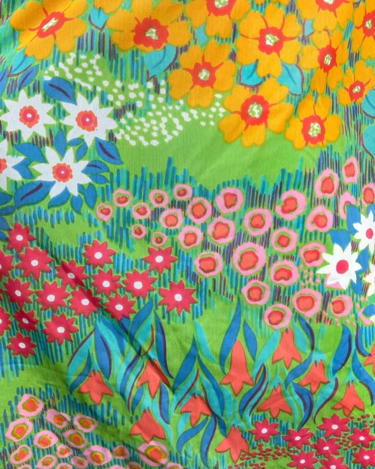 VINTAGE 60s 70s GREEN PINK BLUE FLORAL DAISY DITSY RUFFLED MOD MIDI DRESS 14