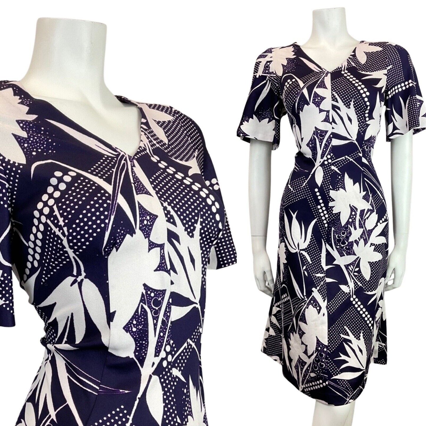 VINTAGE 60s 70s DEEP PURPLE WHITE FLORAL LEAFY DOTTY MOD SHORT DRESS 10 12