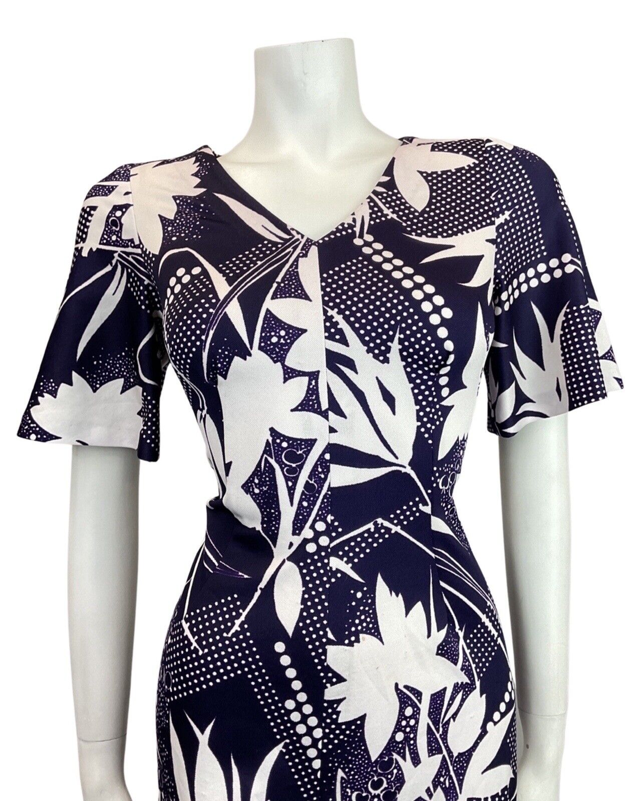 VINTAGE 60s 70s DEEP PURPLE WHITE FLORAL LEAFY DOTTY MOD SHORT DRESS 10 12
