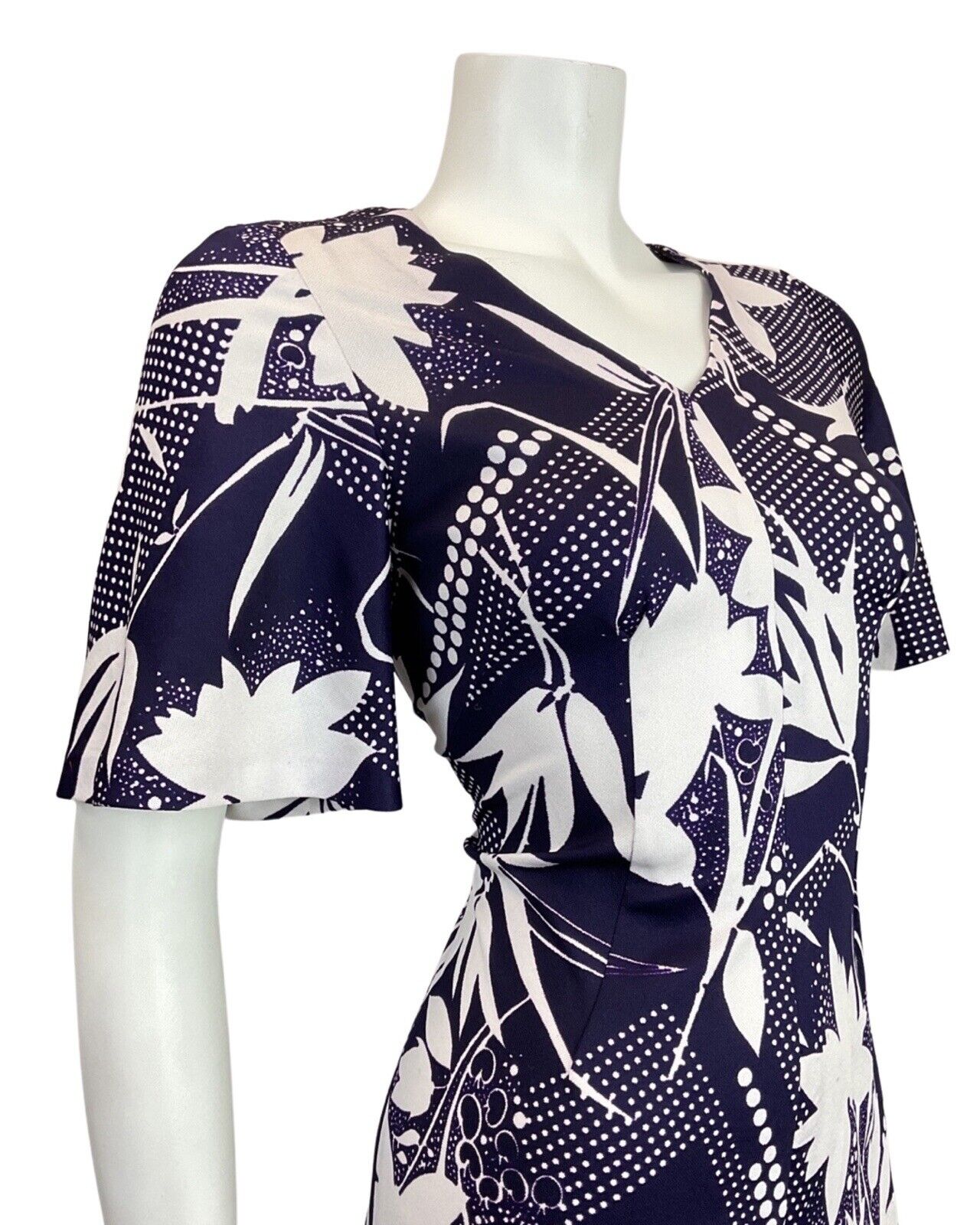VINTAGE 60s 70s DEEP PURPLE WHITE FLORAL LEAFY DOTTY MOD SHORT DRESS 10 12
