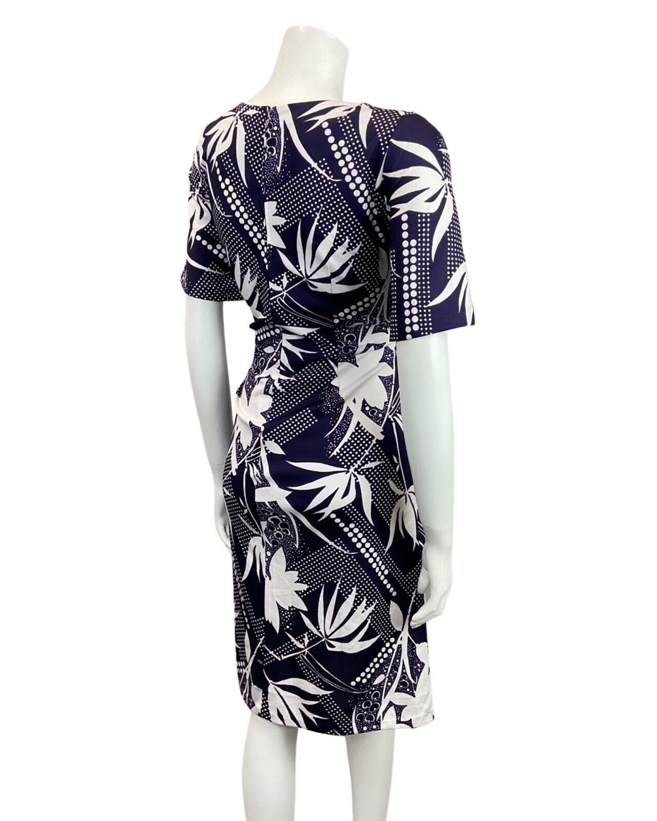 VINTAGE 60s 70s DEEP PURPLE WHITE FLORAL LEAFY DOTTY MOD SHORT DRESS 10 12