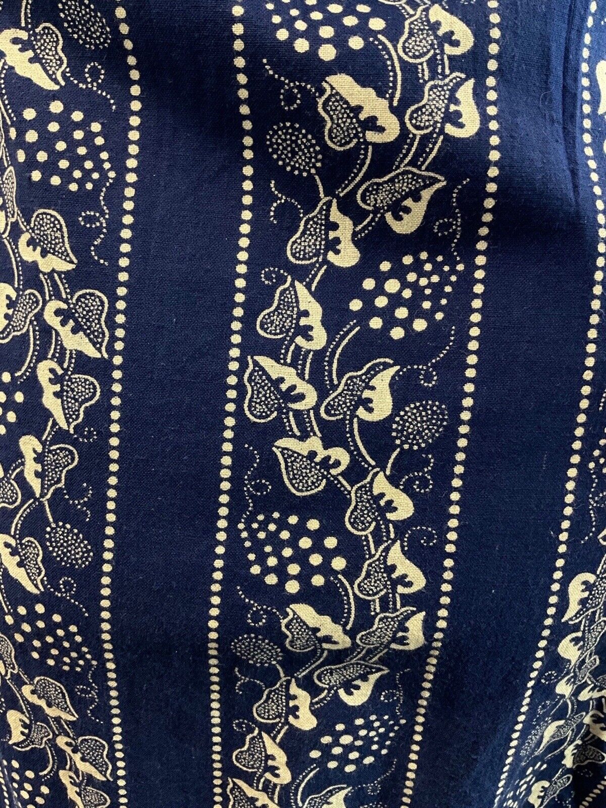 VINTAGE 70s BLUE WHITE VINE LEAF DOTTY RICRAC BOHO FOLK PRAIRIE APRON DRESS 12