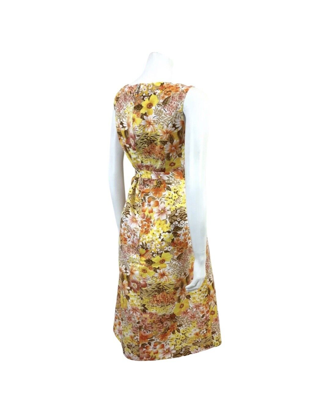 VTG 60s 70s YELLOW ORANGE BROWN FLORAL DITSY PSYCHEDELIC SLEEVELESS DRESS 14 16