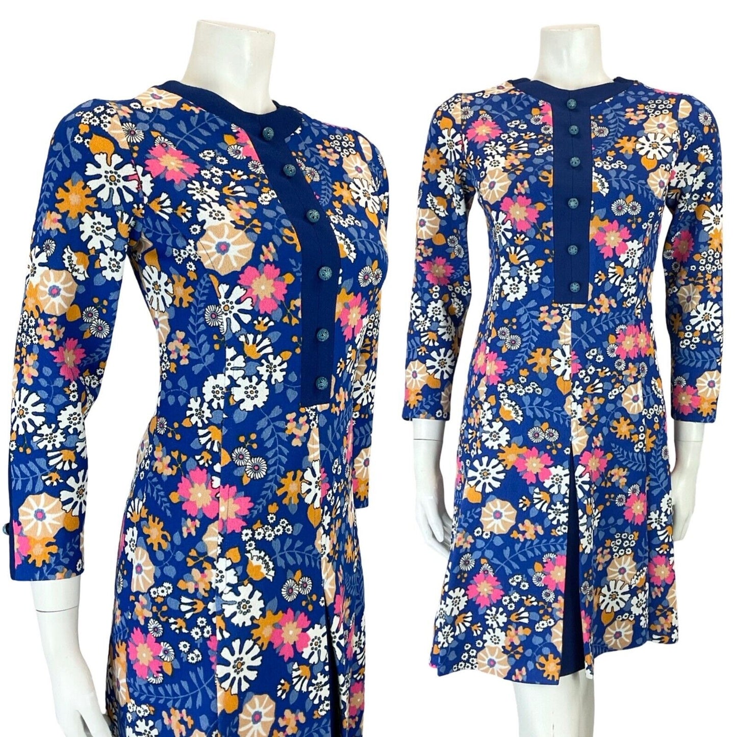 VTG 60S MOD PSYCHEDELIC FLORAL BLUE PINK WHITE ORANGE PLEATED MIDI DRESS 4