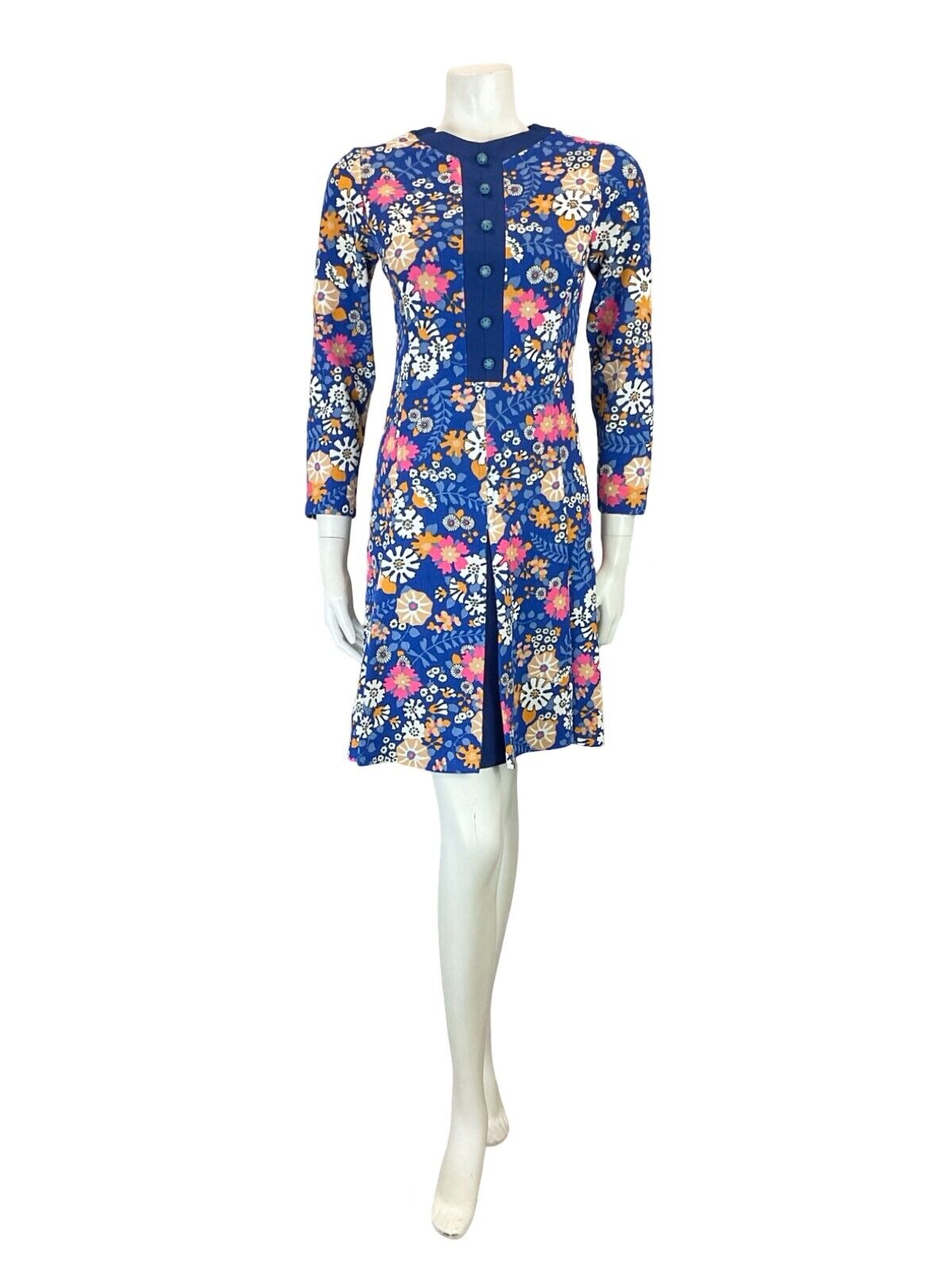 VTG 60S MOD PSYCHEDELIC FLORAL BLUE PINK WHITE ORANGE PLEATED MIDI DRESS 4