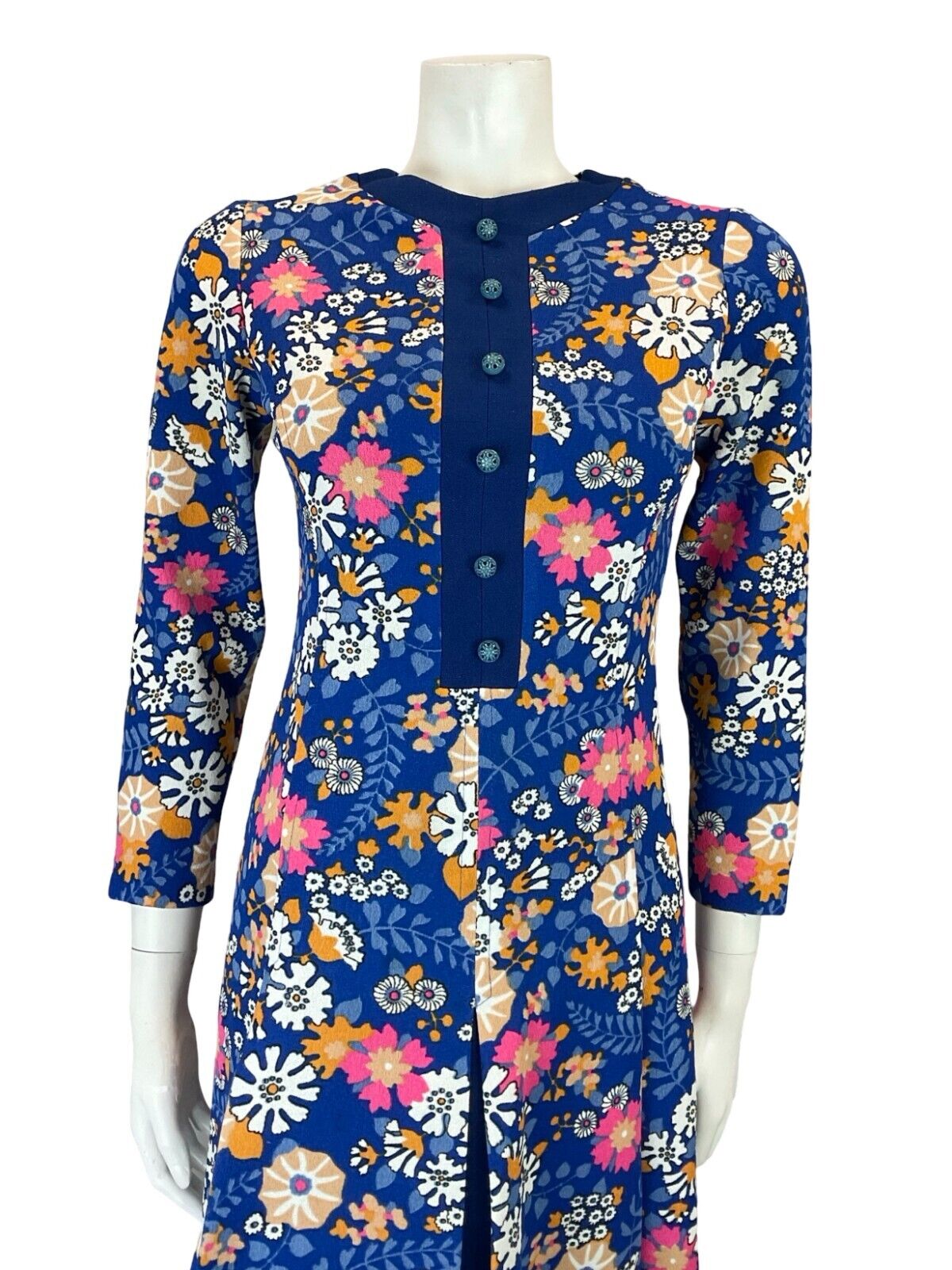 VTG 60S MOD PSYCHEDELIC FLORAL BLUE PINK WHITE ORANGE PLEATED MIDI DRESS 4