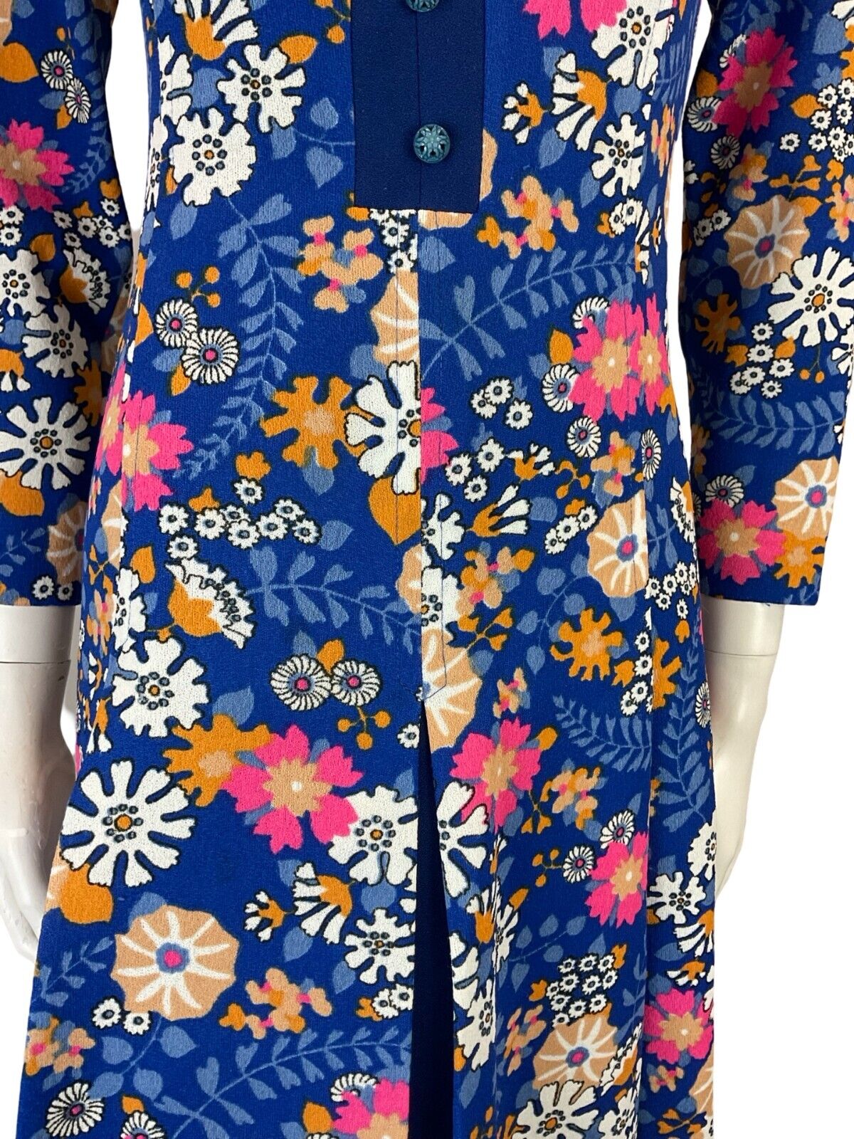 VTG 60S MOD PSYCHEDELIC FLORAL BLUE PINK WHITE ORANGE PLEATED MIDI DRESS 4