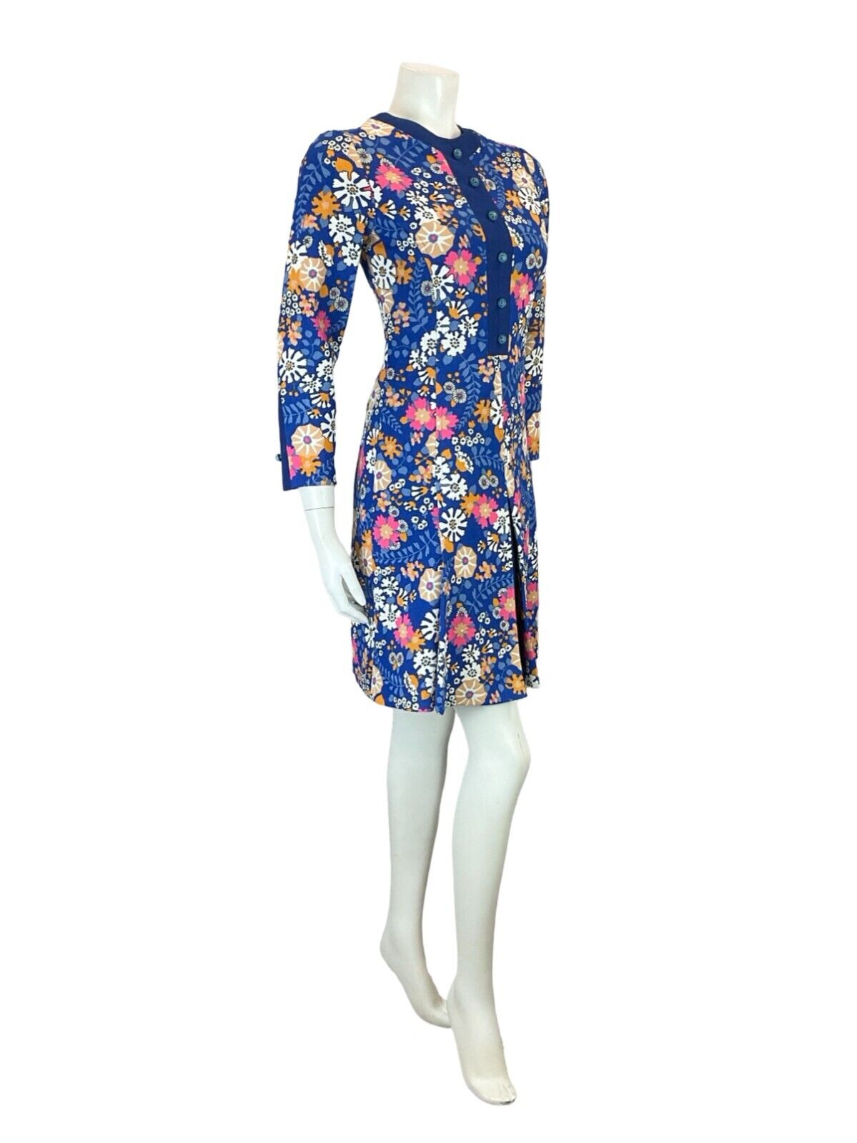 VTG 60S MOD PSYCHEDELIC FLORAL BLUE PINK WHITE ORANGE PLEATED MIDI DRESS 4
