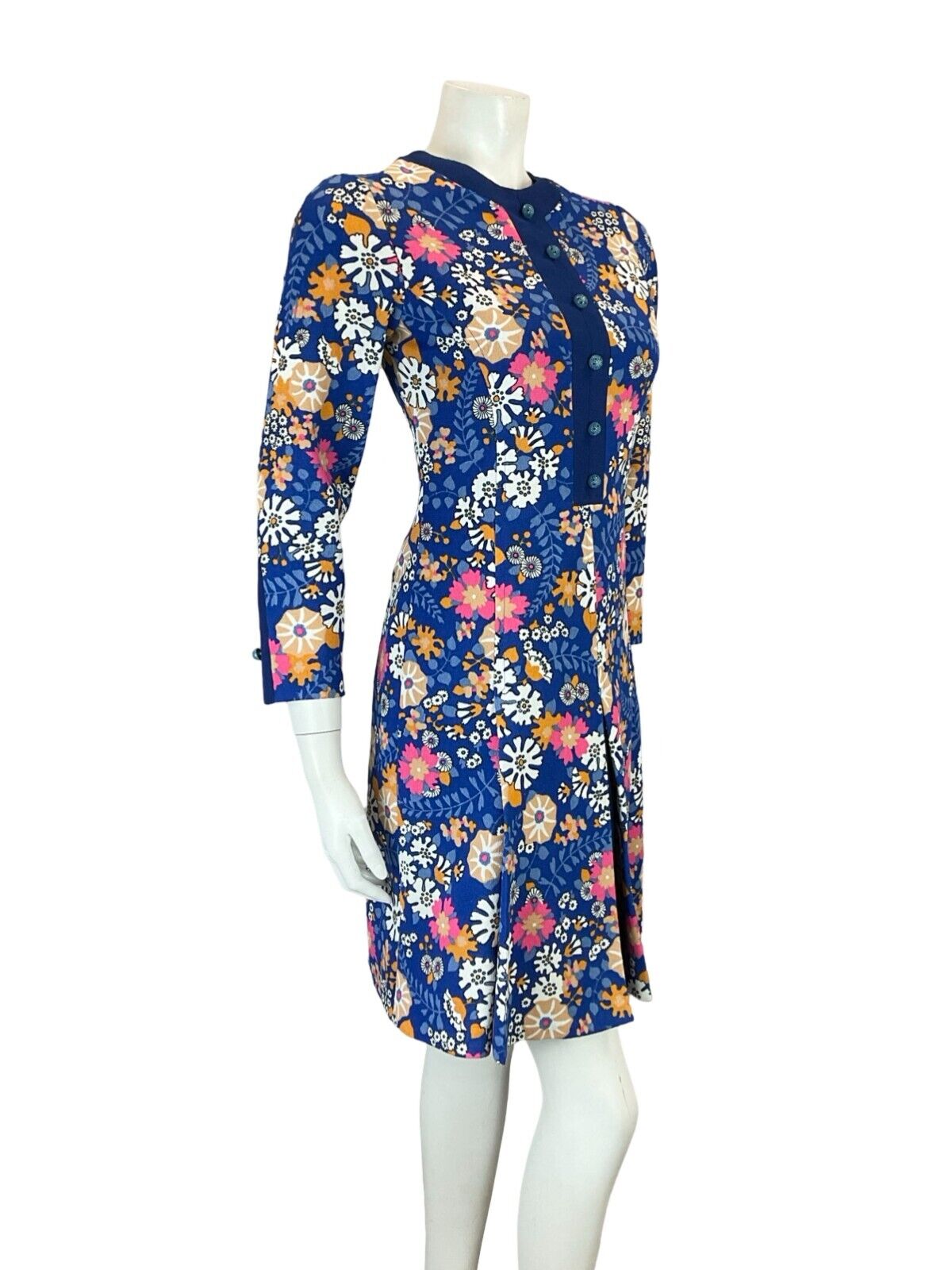 VTG 60S MOD PSYCHEDELIC FLORAL BLUE PINK WHITE ORANGE PLEATED MIDI DRESS 4