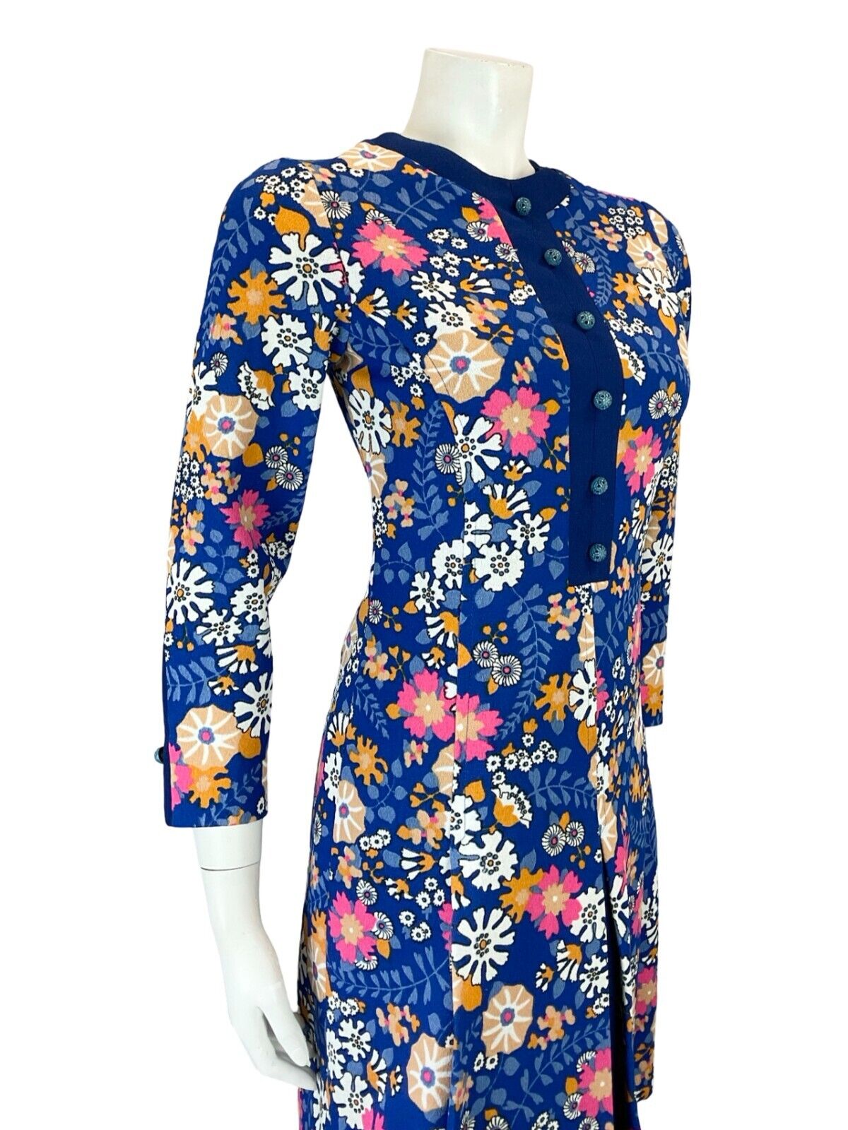 VTG 60S MOD PSYCHEDELIC FLORAL BLUE PINK WHITE ORANGE PLEATED MIDI DRESS 4