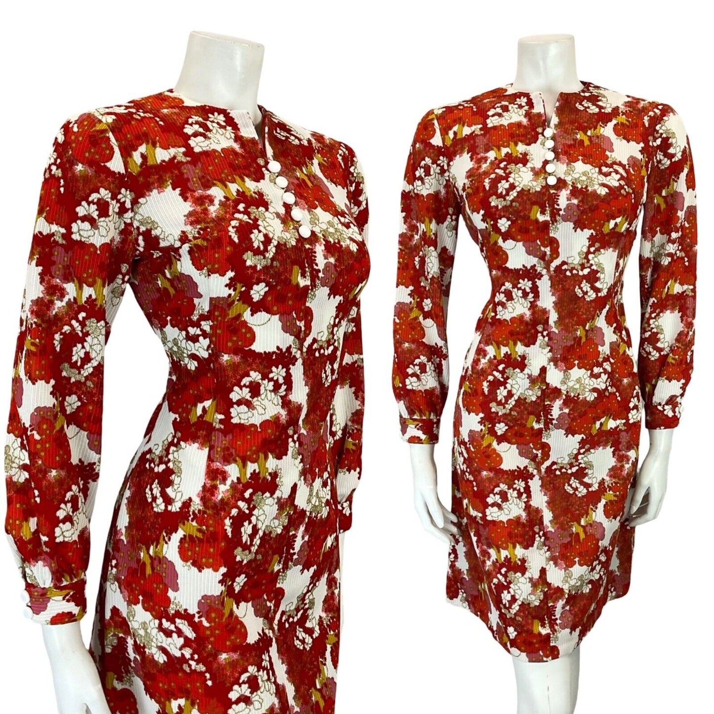 VTG 60S MOD PSYCHEDELIC FLORAL RED WHITE BISHOP SLEEVE FITTED MINI DRESS 8