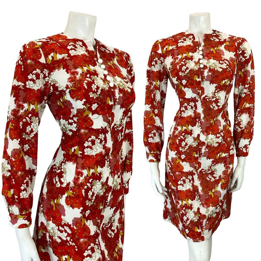 VTG 60S MOD PSYCHEDELIC FLORAL RED WHITE BISHOP SLEEVE FITTED MINI DRESS 8