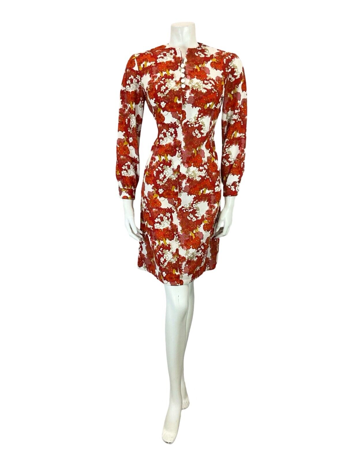 VTG 60S MOD PSYCHEDELIC FLORAL RED WHITE BISHOP SLEEVE FITTED MINI DRESS 8