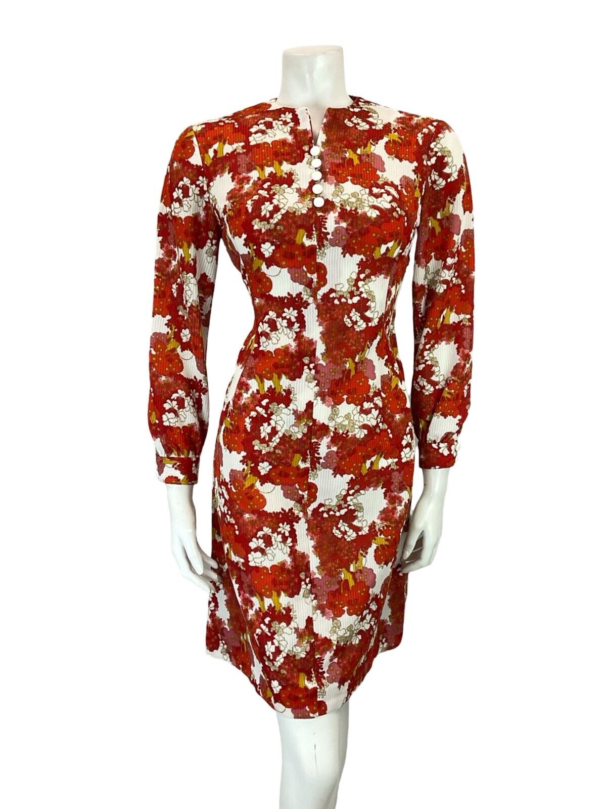 VTG 60S MOD PSYCHEDELIC FLORAL RED WHITE BISHOP SLEEVE FITTED MINI DRESS 8