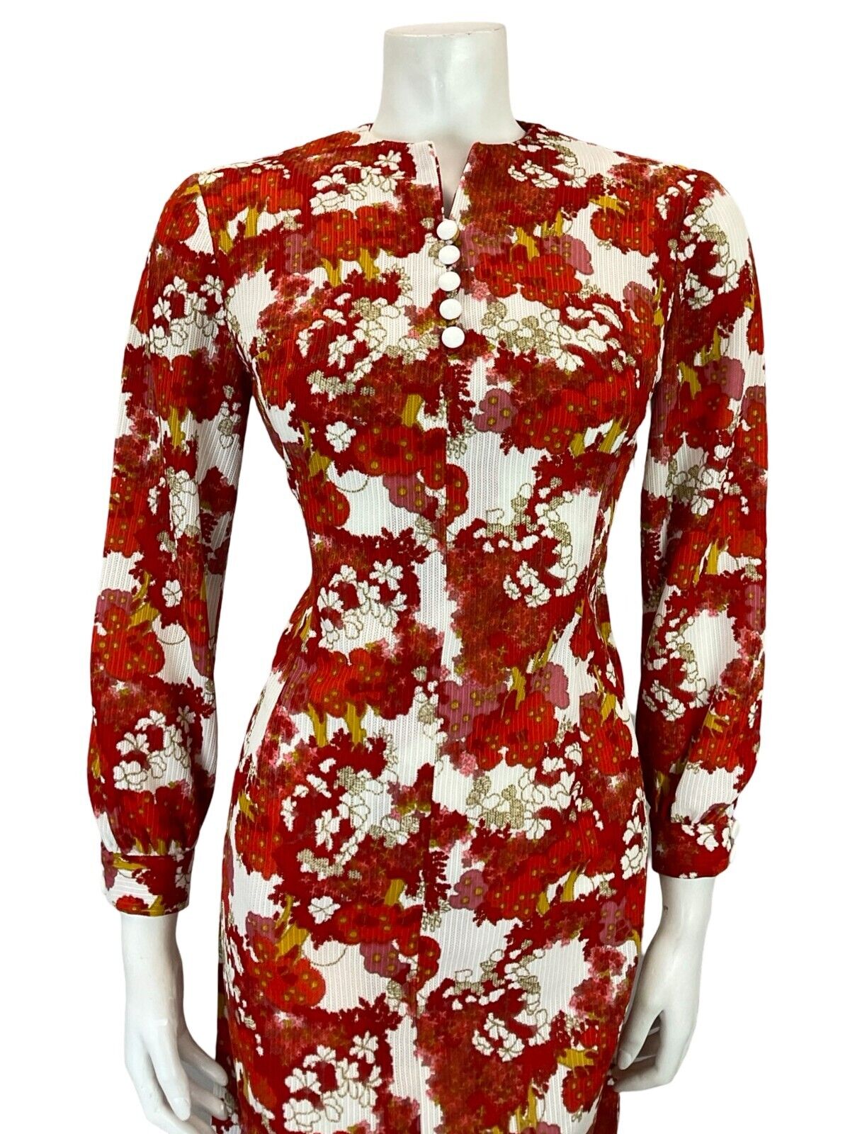 VTG 60S MOD PSYCHEDELIC FLORAL RED WHITE BISHOP SLEEVE FITTED MINI DRESS 8