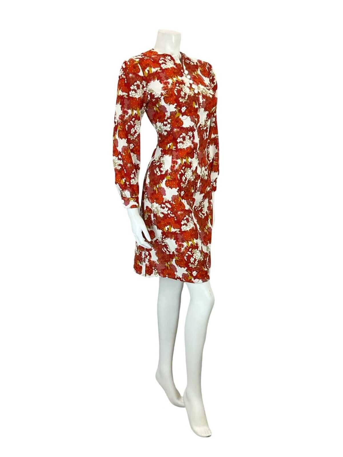 VTG 60S MOD PSYCHEDELIC FLORAL RED WHITE BISHOP SLEEVE FITTED MINI DRESS 8
