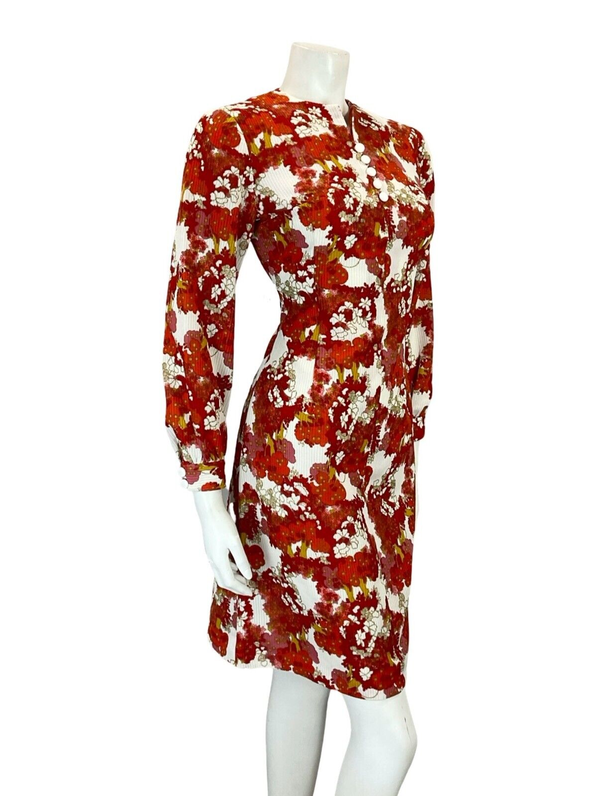 VTG 60S MOD PSYCHEDELIC FLORAL RED WHITE BISHOP SLEEVE FITTED MINI DRESS 8