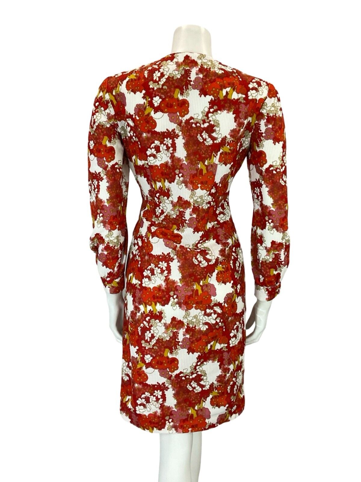 VTG 60S MOD PSYCHEDELIC FLORAL RED WHITE BISHOP SLEEVE FITTED MINI DRESS 8