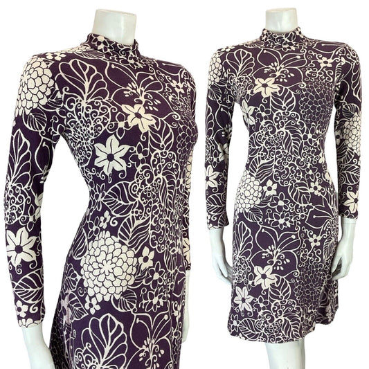 VTG 60S MOD GOGO VIOLET WHITE PSYCHEDELIC FLORAL FUNNEL NECK SHEATH SHIFT DRESS