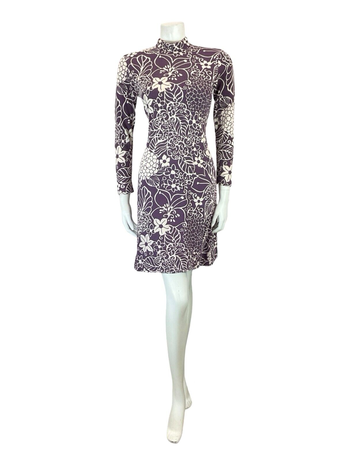 VTG 60S MOD GOGO VIOLET WHITE PSYCHEDELIC FLORAL FUNNEL NECK SHEATH SHIFT DRESS