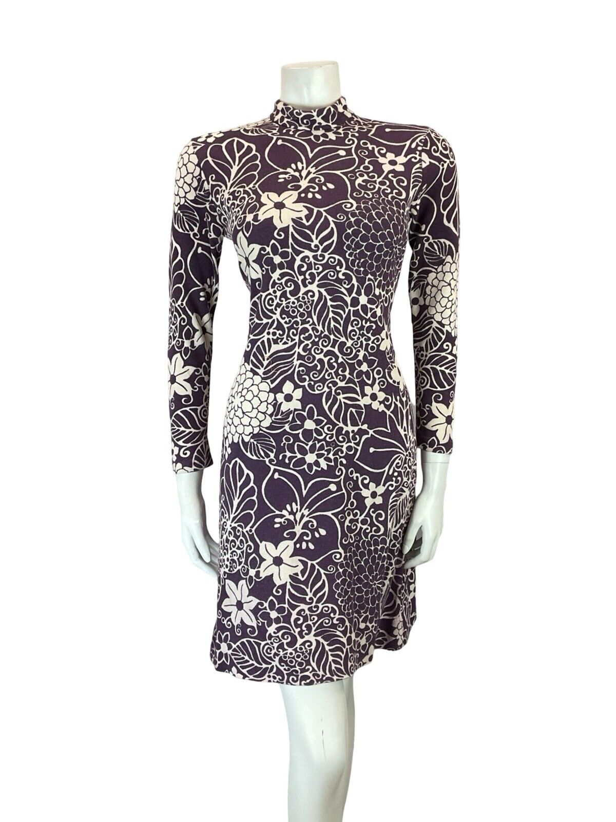 VTG 60S MOD GOGO VIOLET WHITE PSYCHEDELIC FLORAL FUNNEL NECK SHEATH SHIFT DRESS