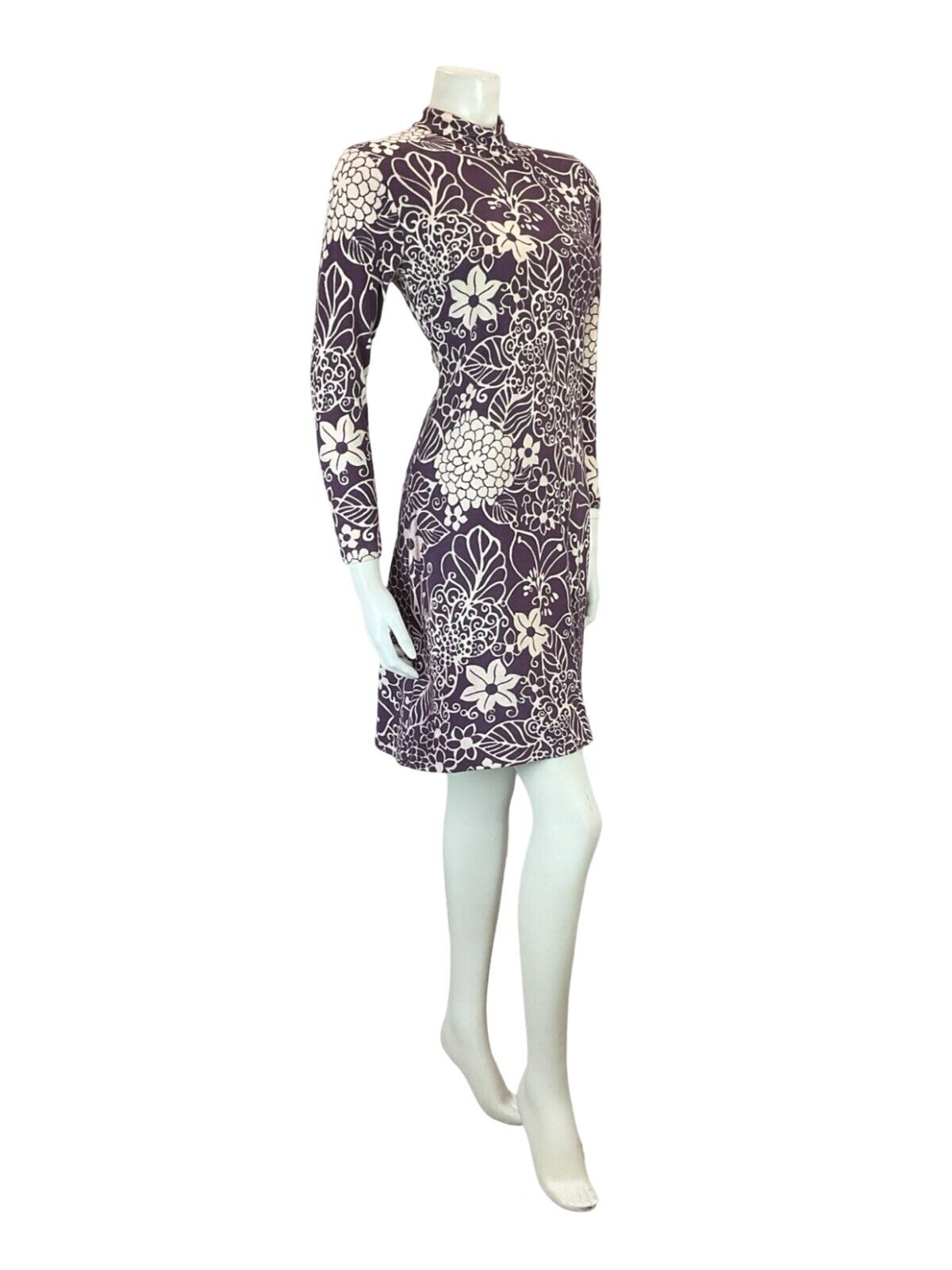 VTG 60S MOD GOGO VIOLET WHITE PSYCHEDELIC FLORAL FUNNEL NECK SHEATH SHIFT DRESS