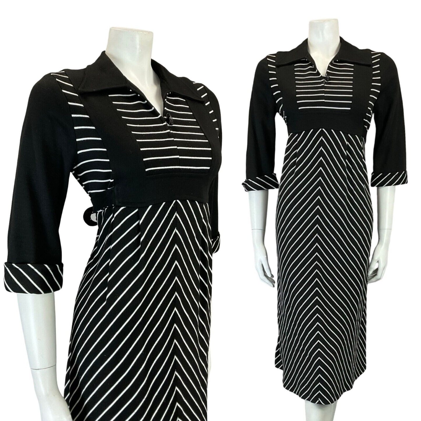VTG 60S 70S BLACK WHITE STRIPE EMPIRE TIE WAIST OPEN WING COLLAR MIDI DRESS 10