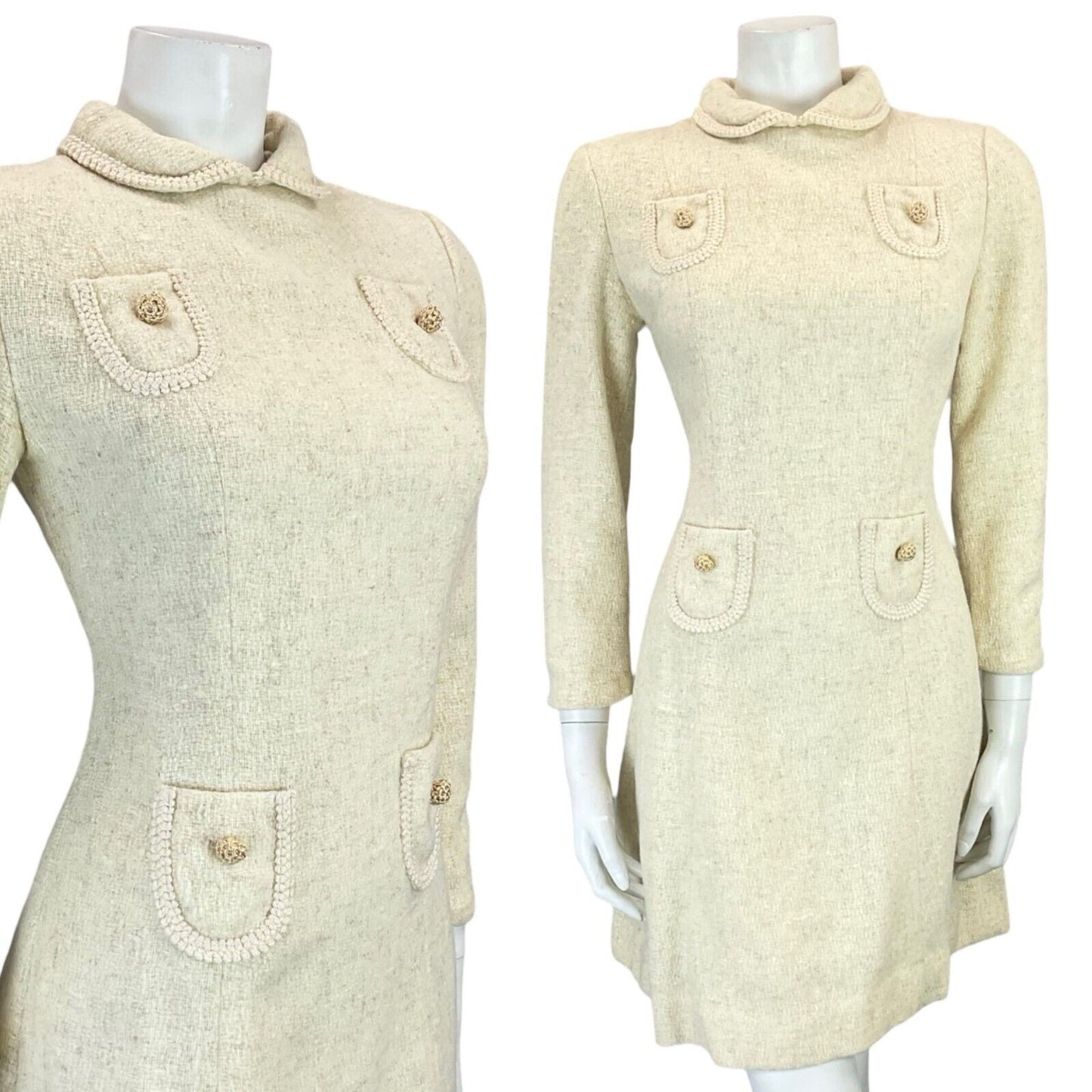 VTG ALVILETTE BOUCLE CREAM WOOL PETER PAN COLLAR POCKET TRIM MINI DRESS 6 8