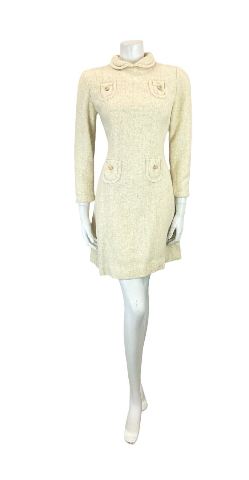 VTG ALVILETTE BOUCLE CREAM WOOL PETER PAN COLLAR POCKET TRIM MINI DRESS 6 8