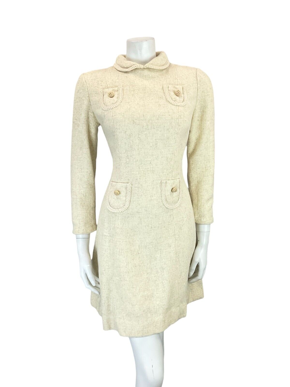 VTG ALVILETTE BOUCLE CREAM WOOL PETER PAN COLLAR POCKET TRIM MINI DRESS 6 8