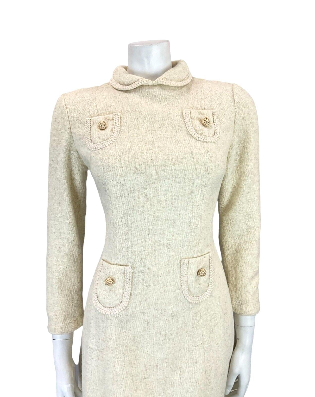 VTG ALVILETTE BOUCLE CREAM WOOL PETER PAN COLLAR POCKET TRIM MINI DRESS 6 8