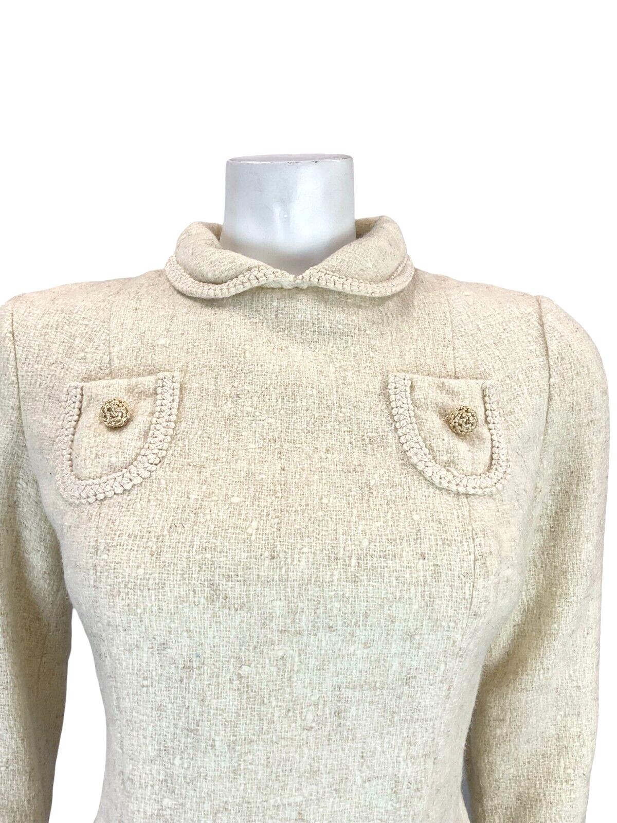 VTG ALVILETTE BOUCLE CREAM WOOL PETER PAN COLLAR POCKET TRIM MINI DRESS 6 8
