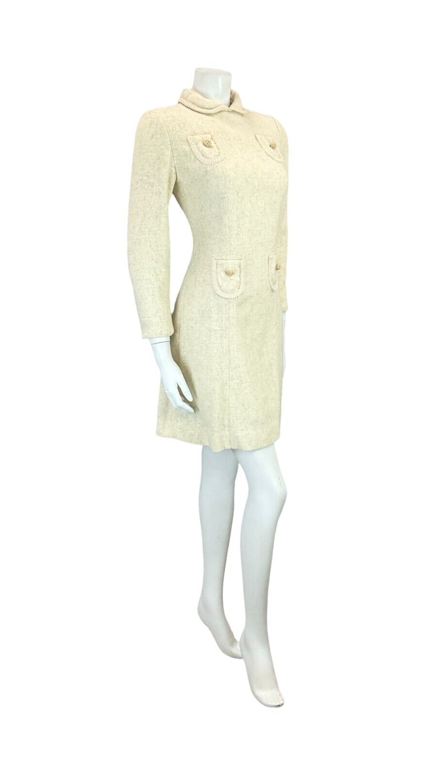 VTG ALVILETTE BOUCLE CREAM WOOL PETER PAN COLLAR POCKET TRIM MINI DRESS 6 8