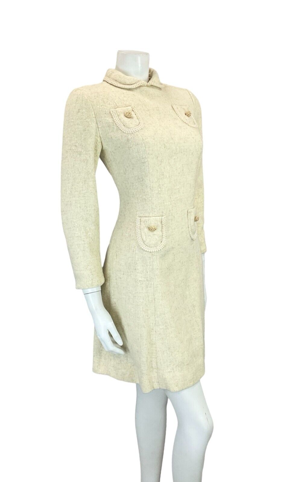 VTG ALVILETTE BOUCLE CREAM WOOL PETER PAN COLLAR POCKET TRIM MINI DRESS 6 8