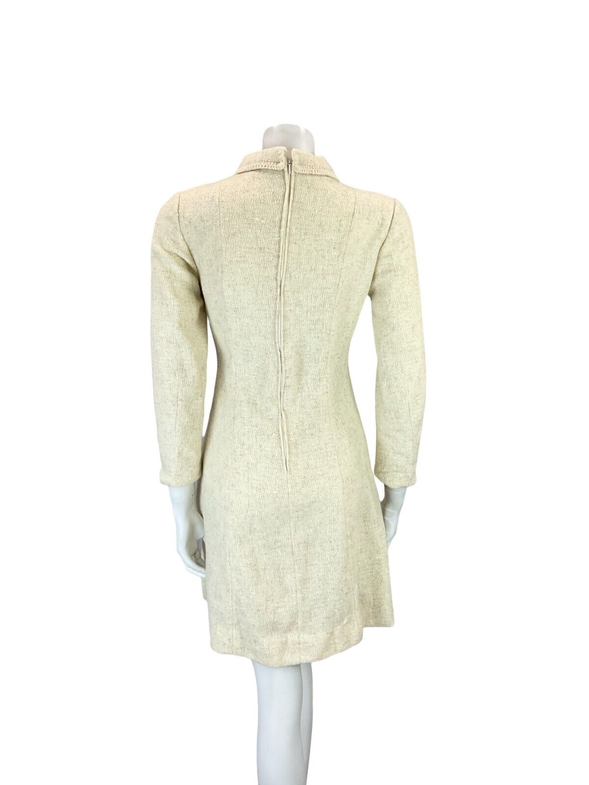 VTG ALVILETTE BOUCLE CREAM WOOL PETER PAN COLLAR POCKET TRIM MINI DRESS 6 8