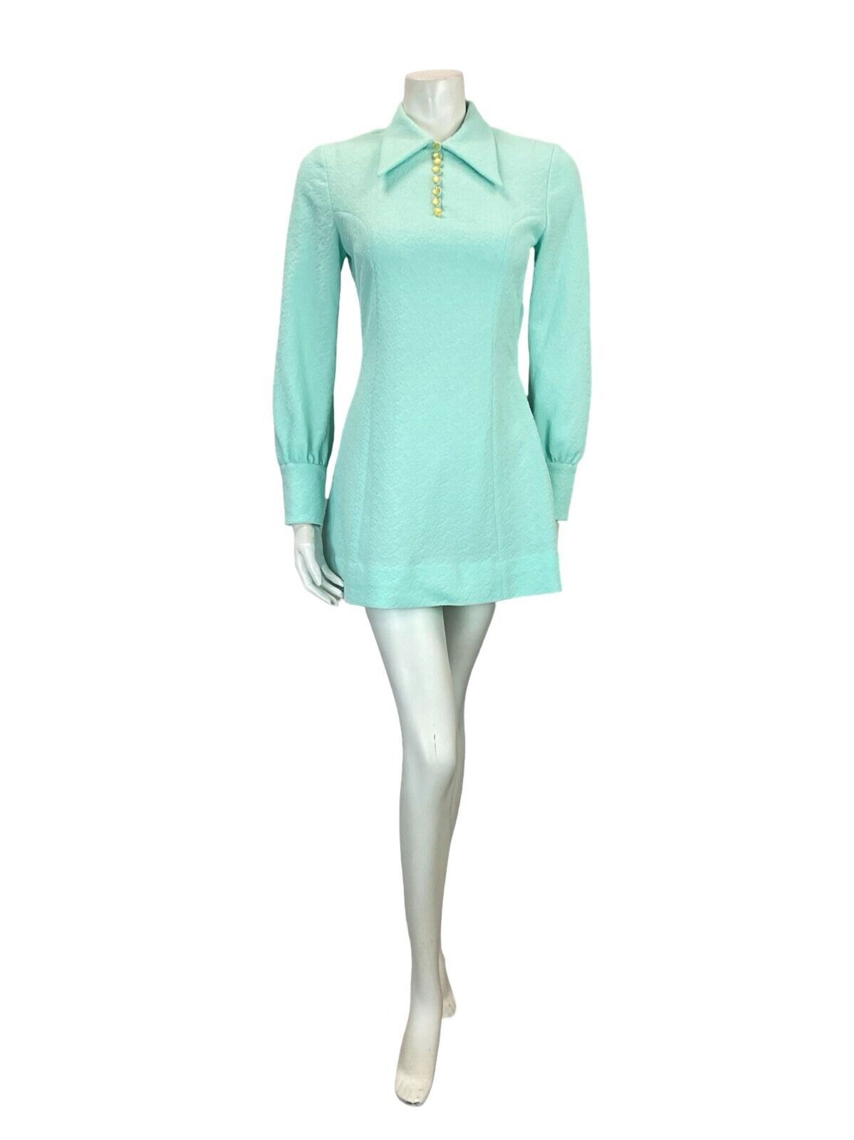 VTG 60S BLUE FIGURE HUGGING BISHOP SLEEVE DAGGER COLLAR MOD MINI SHIRT DRESS 8