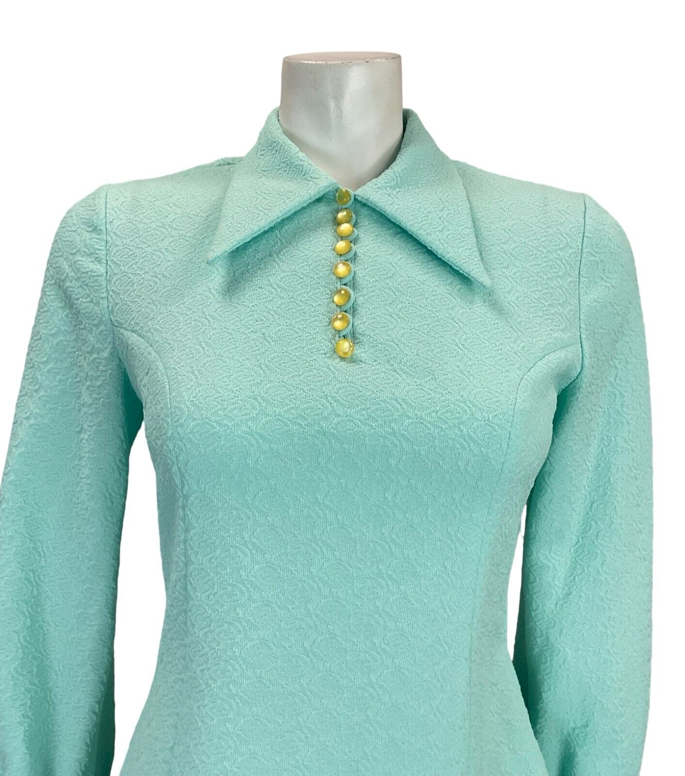 VTG 60S BLUE FIGURE HUGGING BISHOP SLEEVE DAGGER COLLAR MOD MINI SHIRT DRESS 8