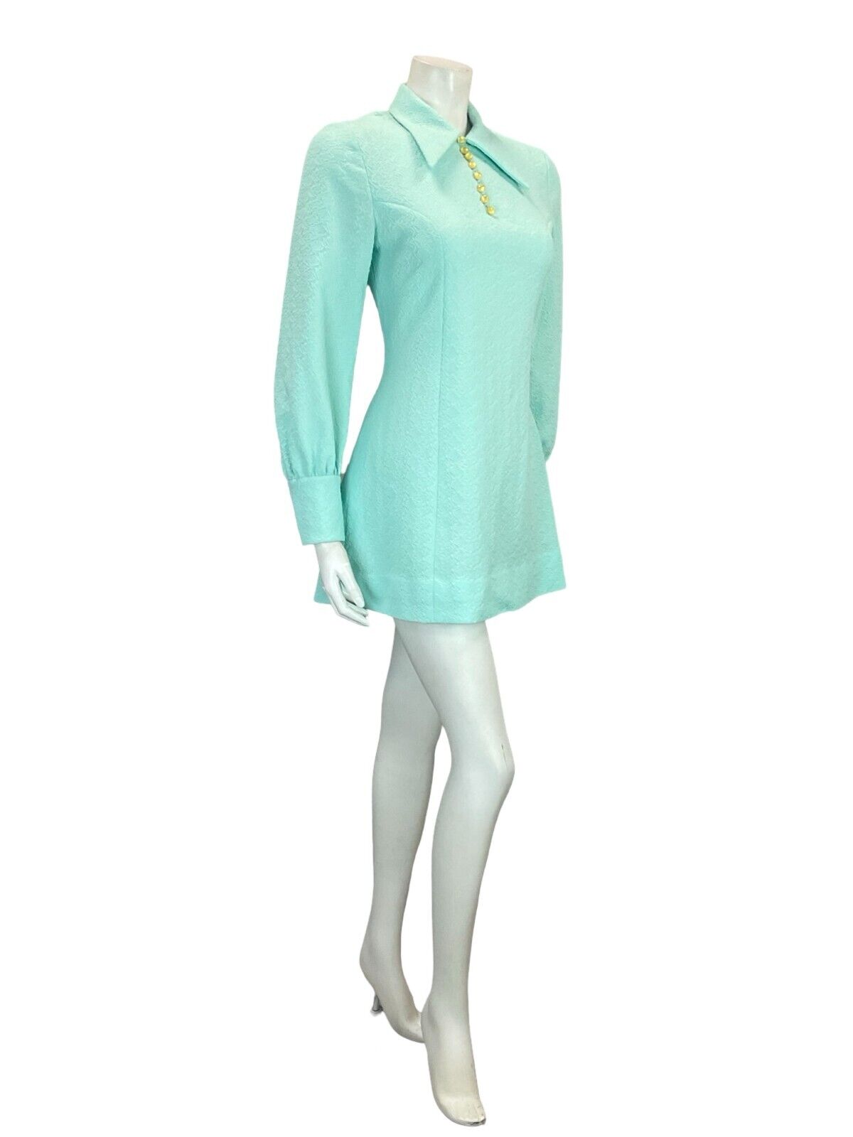 VTG 60S BLUE FIGURE HUGGING BISHOP SLEEVE DAGGER COLLAR MOD MINI SHIRT DRESS 8