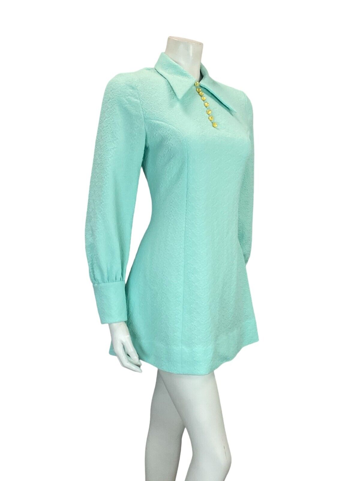 VTG 60S BLUE FIGURE HUGGING BISHOP SLEEVE DAGGER COLLAR MOD MINI SHIRT DRESS 8