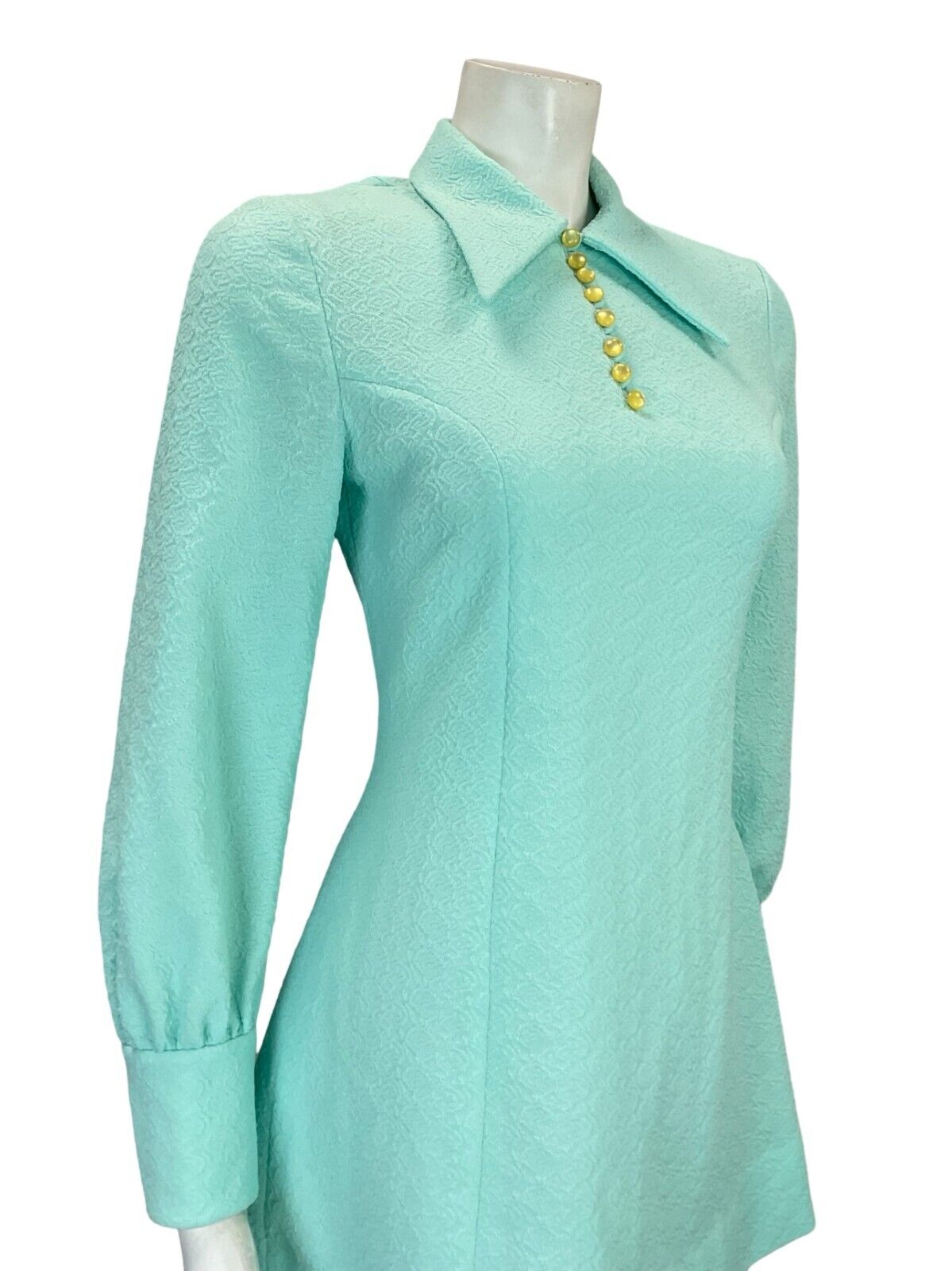 VTG 60S BLUE FIGURE HUGGING BISHOP SLEEVE DAGGER COLLAR MOD MINI SHIRT DRESS 8