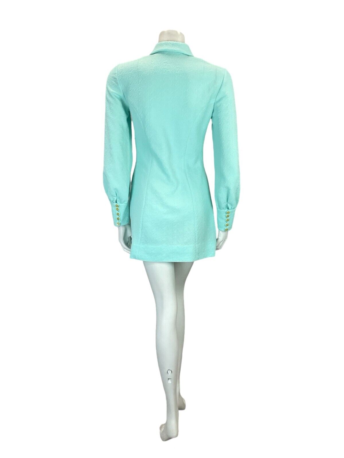 VTG 60S BLUE FIGURE HUGGING BISHOP SLEEVE DAGGER COLLAR MOD MINI SHIRT DRESS 8