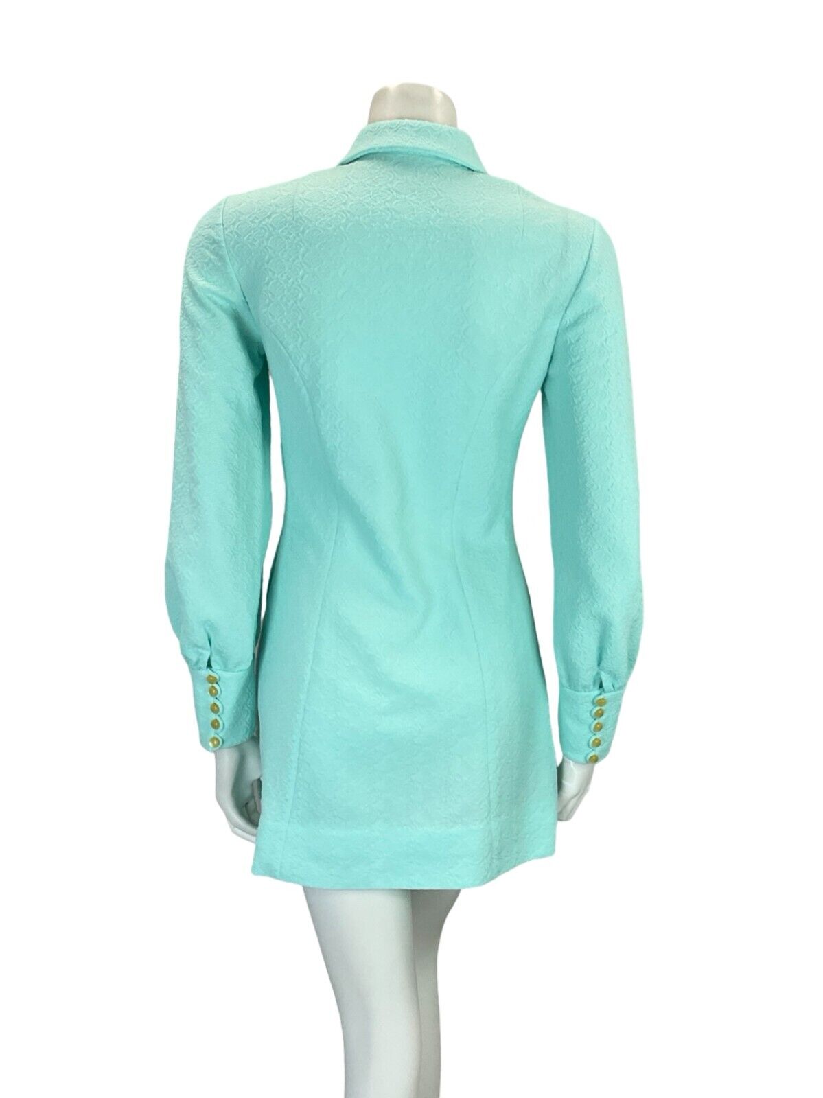 VTG 60S BLUE FIGURE HUGGING BISHOP SLEEVE DAGGER COLLAR MOD MINI SHIRT DRESS 8
