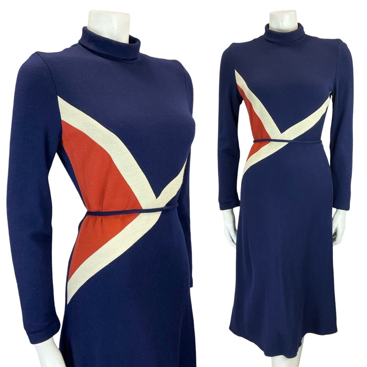 VTG 70S NAVY BLUE ORANGE WHITE GEOMETRIC TIE WASIT TURTLENECK MIDI DRESS 6