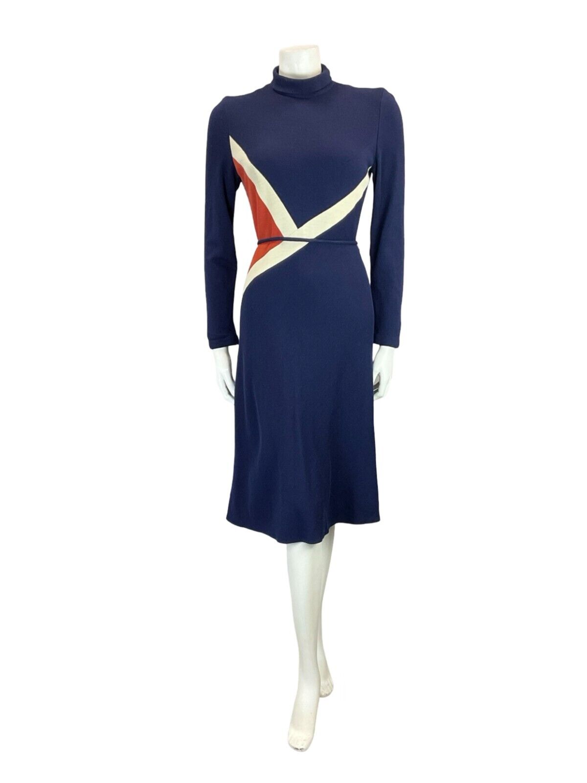 VTG 70S NAVY BLUE ORANGE WHITE GEOMETRIC TIE WASIT TURTLENECK MIDI DRESS 6